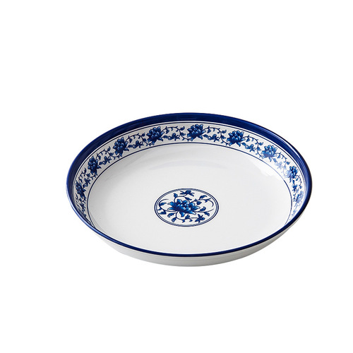 Melamine blue and white round deep plate shallow plate hotel restaurant commercial imitation porcelain plastic plate cooking plate lotus plate