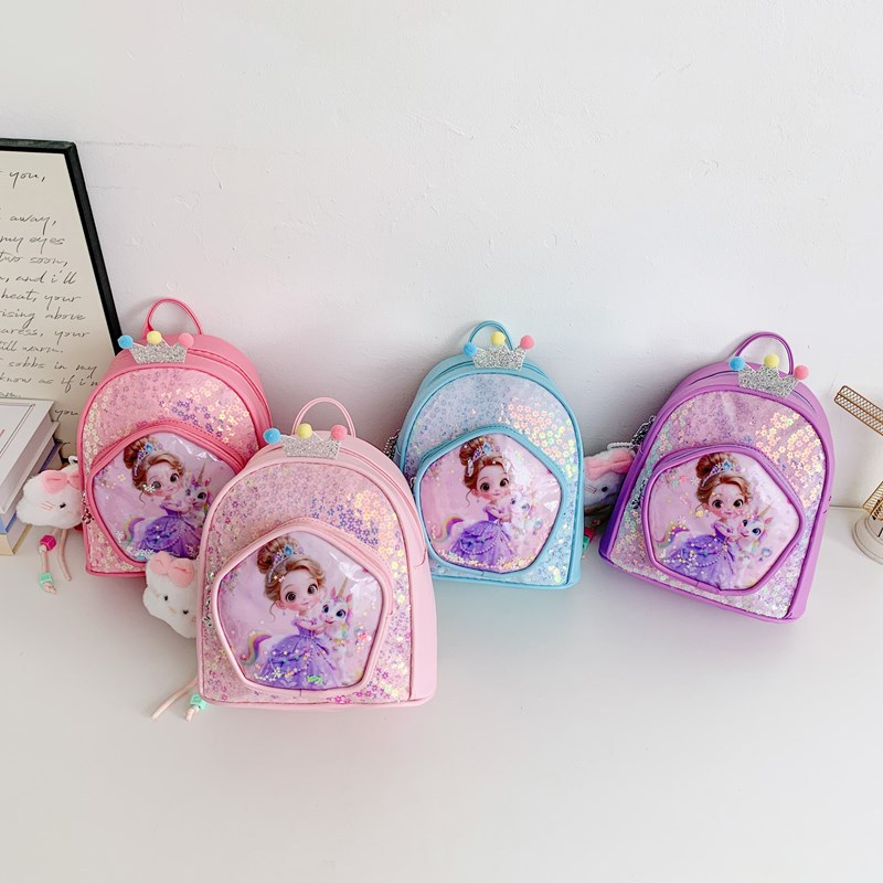 Nueva mochila infantil de dibujos animados de moda sequinilla viaje bebé mochila princesa con colgante mochila de moda