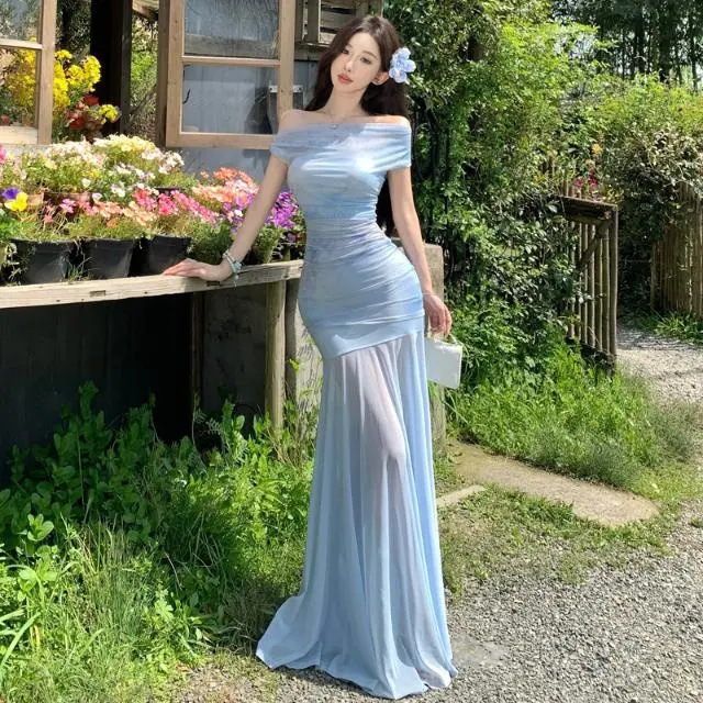 [Original Quality] Pure Lust Style One-Shoulder Sleeveless Dress for Women in Summer, Waist Slimming Look, Mesh Covering Buttocks