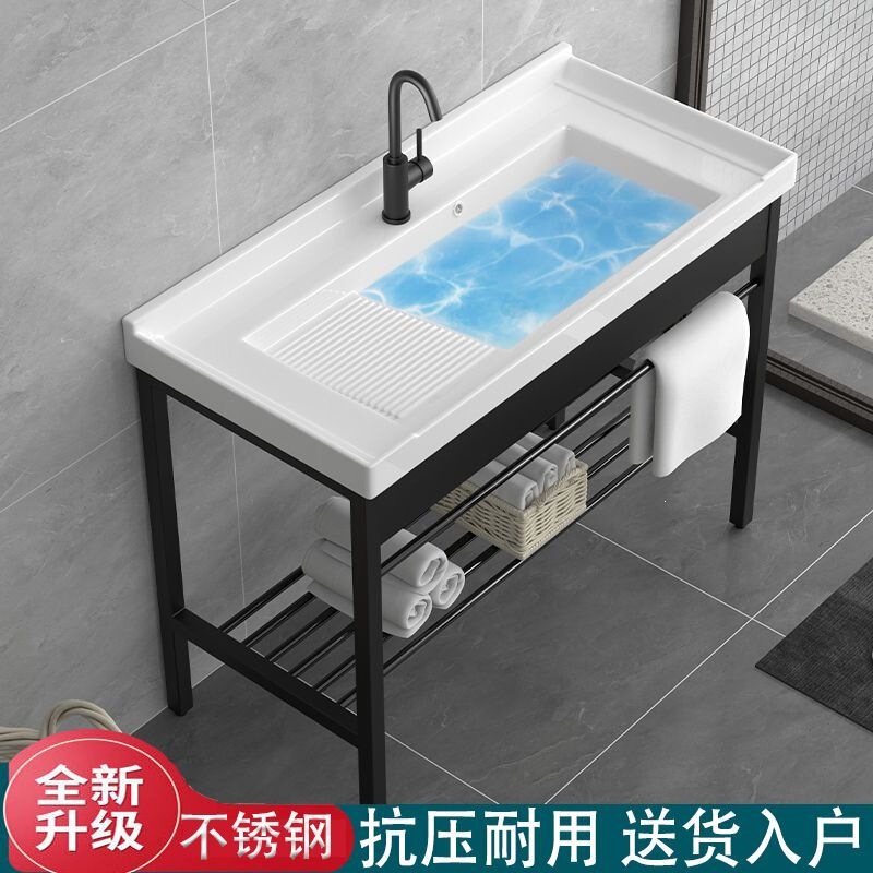 Ceramic Laundry Basin with Stainless Steel Stand, Wash Basin with Washboard, Ultra-Deep Laundry Sink for Balcony