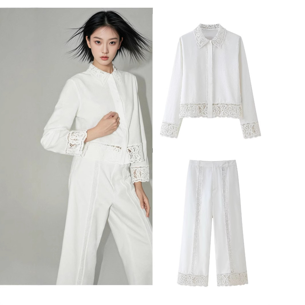 GraceChic 2025 Spring New Fashion Lace Hollow Out Set Women's Turn-Down Collar Shirt Mid-Waist Straight-Leg Pants_voghion.com