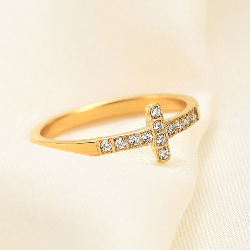  Korean version of ins simple style diamond-encrusted 304 titanium steel cross ring feminine and versatile retro ring for women