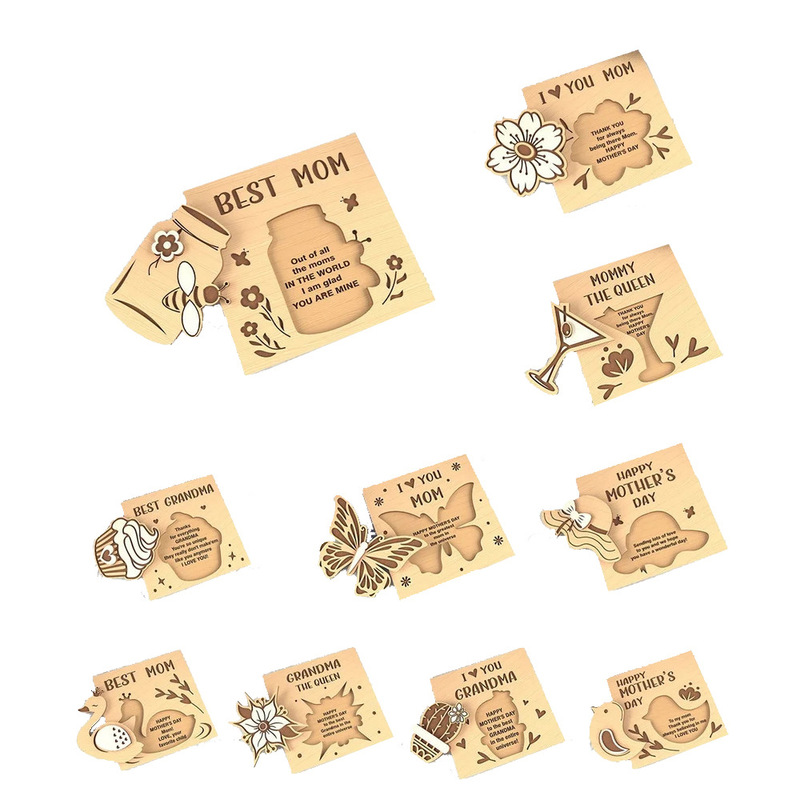 Cross-Border Customized Ladieswear's Day Card Set Flower Wooden Card Decorative Ornaments Best Mom Gift Wooden 3D Greeting Card