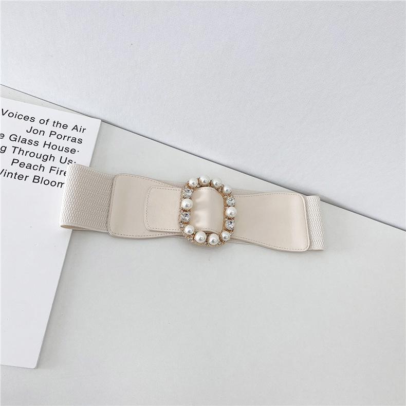 Women'S Gender Inlay Design Pearl Diamond Oval Buckle Decorative Coat Girdle Elastic Wide Belt Wholesale