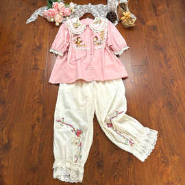 日系甜美娃娃领蕾丝宽松短袖衬衫盐甜少女粉色上衣夏季休闲七分裤