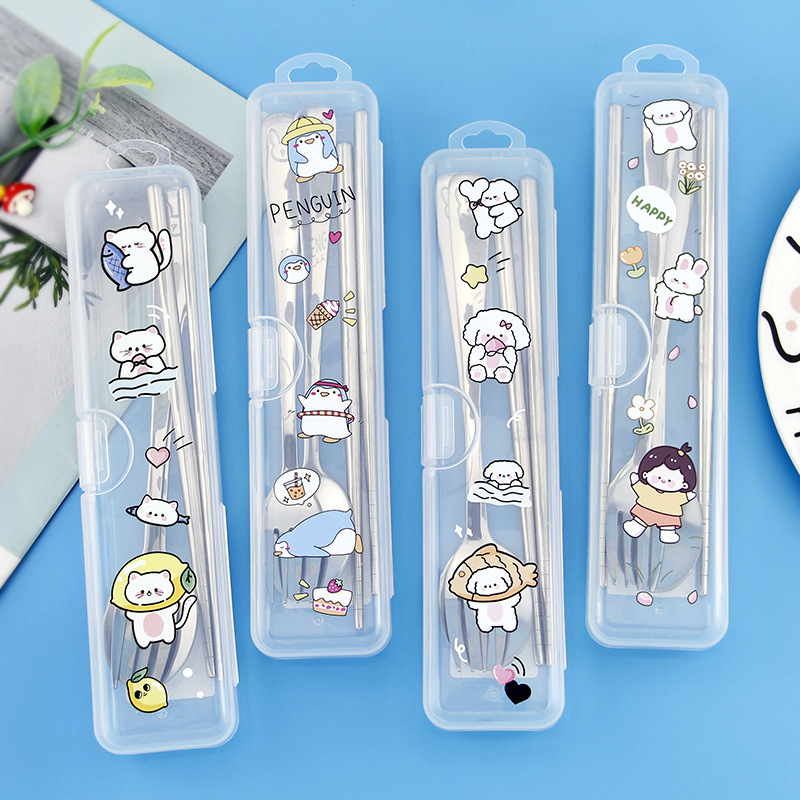 新しい漫画ポータブル食器 3 点セットステンレス鋼フォークスプーン箸学生かわいい食事食器セット|undefined