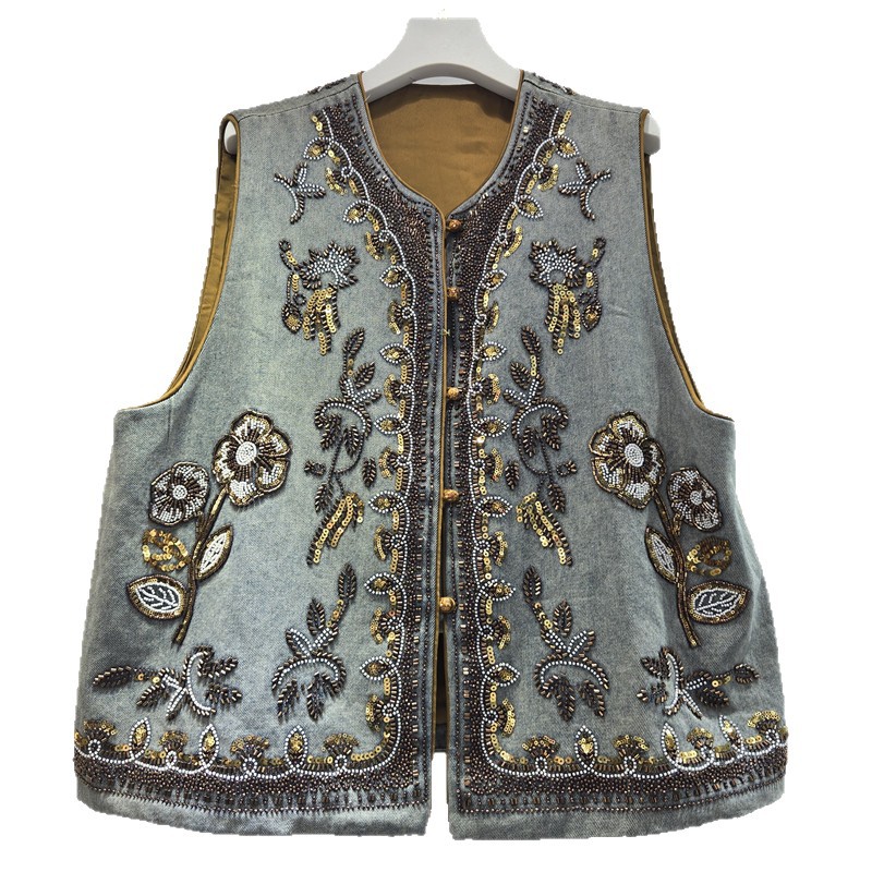 Estación europea de la industria pesada bordada esquinilla clavos chaleco denim de cuello redondo ropa de mujer plegable alta sensación de moda camisa de mujer image 5