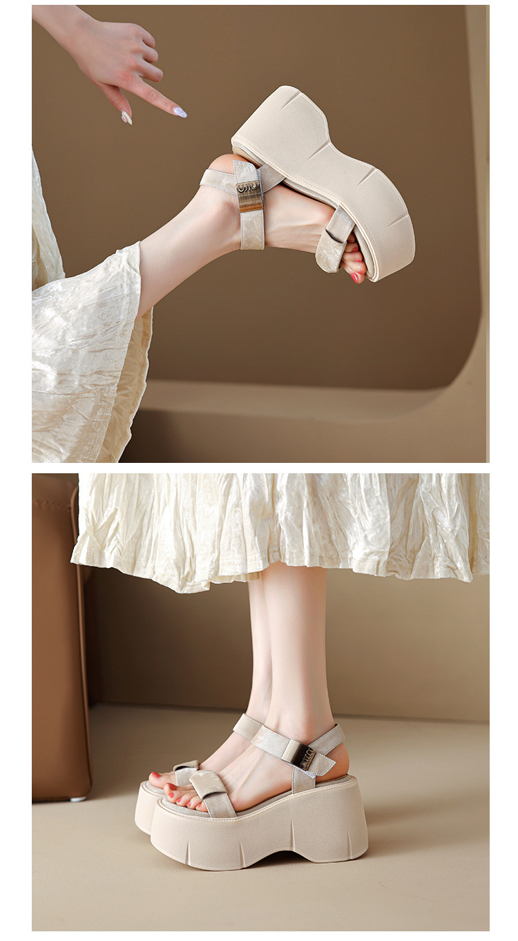 Sandal cao gót nữ phong cách Pháp cổ điển đế xuồng tăng chiều cao hở mũi khóa kim loại — màu nâu, màu đen, màu trắng ngà chi tiết 11