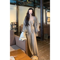 秋季新款高级感韩系慵懒风毛衣外套抹胸上衣垂感阔腿裤三件套装女