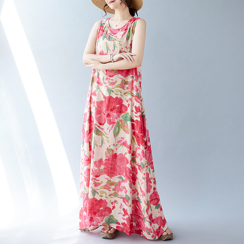 Real Shot Of The 2024 Summer New Bohemian Artistic Loose Sleeveless Round-neck Printed Mid-length Dress For Women_ecoleips.com