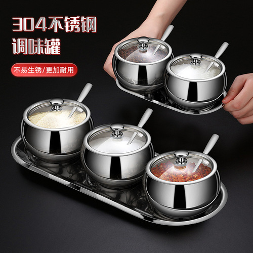 304 stainless steel seasoning jar seasoning box combination set with spoon to store condiments chili MSG salt jar flavor cup