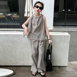 女童竖条吊带阔腿裤夏装两件套2024年新款儿童休闲无袖背心长裤子