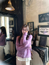 韩系甜美软糯马海毛针织衫女秋季新款紫色小香风亮片圆领外套上衣