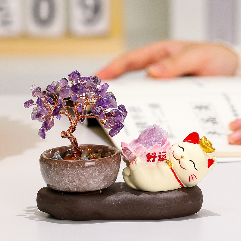 招财猫天然水晶原石好运黄水晶发财树可爱小猫紫水晶摇钱树小摆件|undefined