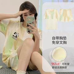 夏季薄款睡衣女帶胸墊一體純棉短袖短褲可愛卡通少女生家居服套裝
