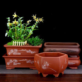 紫砂花盆桌面古典简约盆景马槽长方形六角手工刻绘榕树蝴蝶兰批发