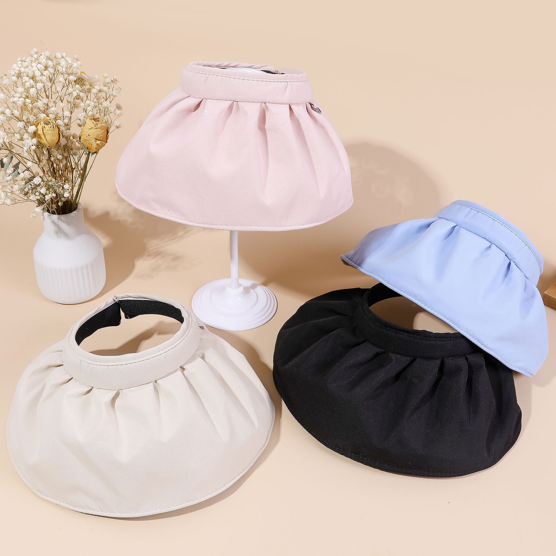 Nuevo estilo sombrero de copa vacío verano de las mujeres estilo coreano moda Shell sombrero borde grande a prueba de Sol de doble uso diadema color sólido sombrero de copa vacío