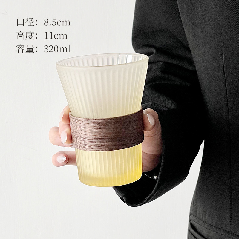 大衆グラデーション色縦紋グラス家庭用パーマ防止木カバーカップ高級感コーヒーカップ冷たいカップ|undefined