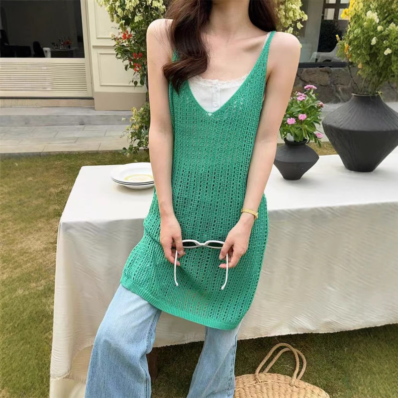 Korean-Style Mid-Length Hollow-Out Knit Sweater with Suspenders, Casual Layered Outerwear Dress for Women, Mid-Length Layered Style Korean-Style Mid-Length Hollow-Out Knit Sweater with Suspenders, Casual Layered Outerwear Dress for Women, Mid-Length Layered Style