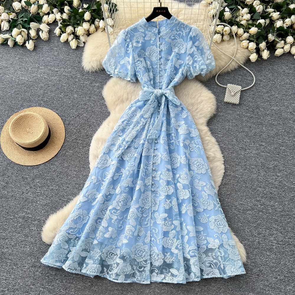 Elegant Lace Embroidered Dress for Women High-Waisted A-Line Skirt Summer Suitable for Commuting And Banquets_ecoleips.com