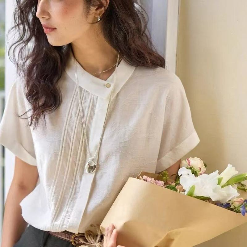 法式亚麻提花不对称翻领衬衫女夏季新款短袖设计感高级提花上衣女|undefined