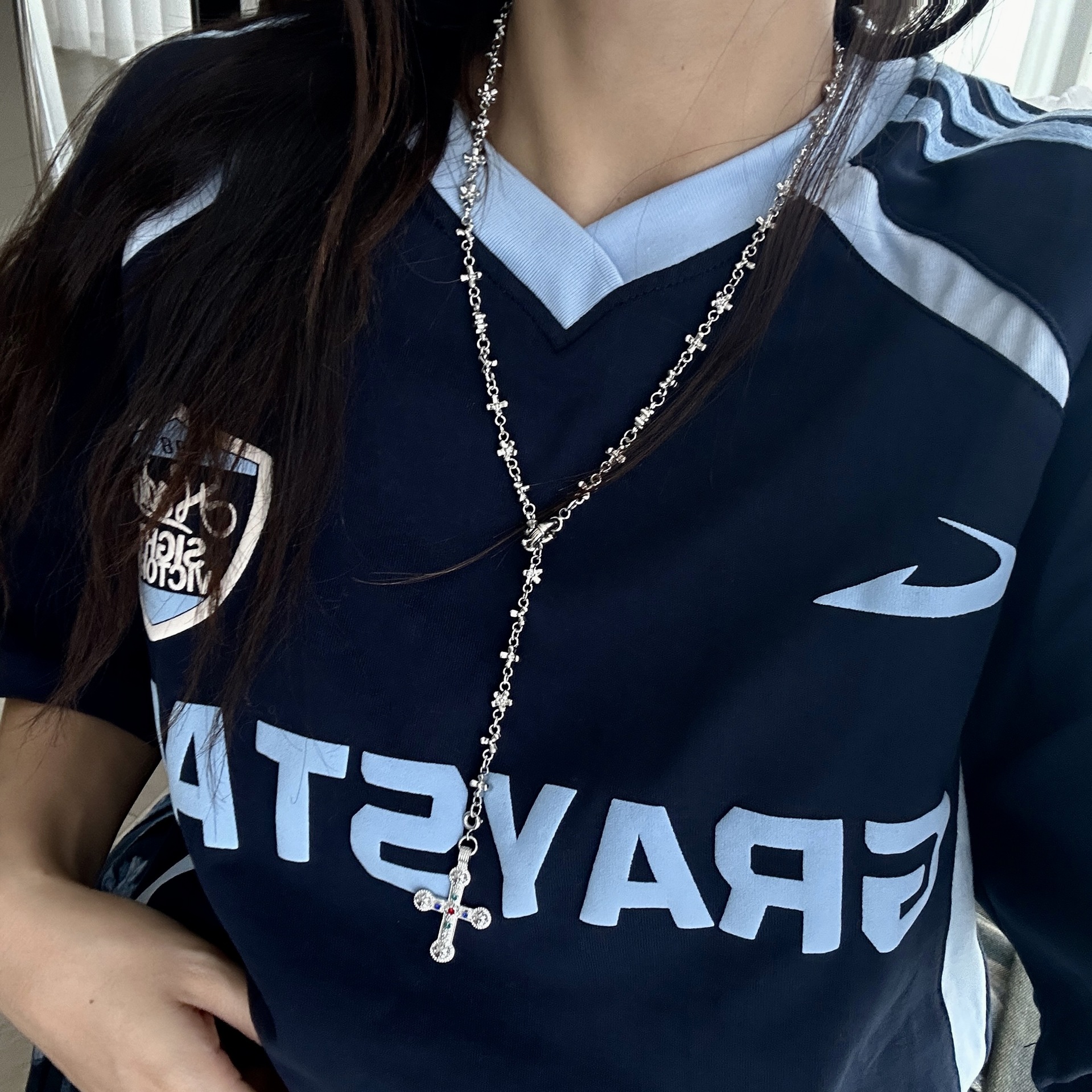 IG Style Cross Rhinestones Pearl Alloy Beaded Chain Cuban Link Chain Curb Chain Layered Necklaces Wholesale display picture 2