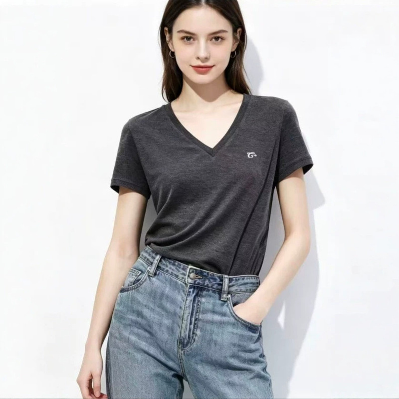 Mo** Mall Same Style 2026 Summer New Fashion Elegant Simple Letter Embroidery V-Neck Casual Short-Sleeve T-Shirt