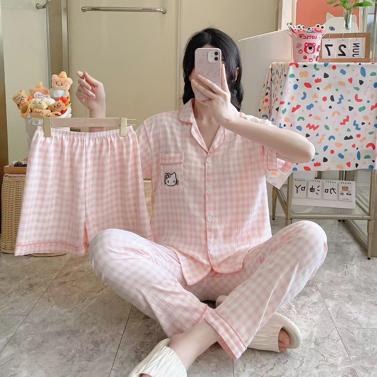 Venta al por mayor transfronteriza 120g pijamas de algodón de nube de verano de manga corta para mujer pantalones cortos de algodón de nube de verano de tres piezas servicio a domicilio de dibujos animados