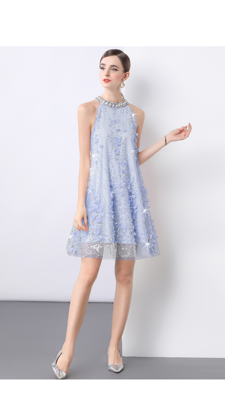 Đầm maxi cổ đeo hoa nổi đính hạt sang trọng Âu Mỹ tôn dáng mùa hè — Màu xanh lam, Màu hồng chi tiết 16