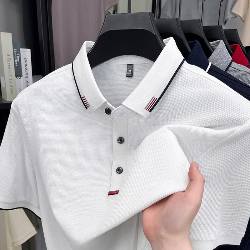 Pure Cotton Summer New Men's T-Shirt Embroidered Classy Loose Fashion Thin Half-Sleeved Lapel Ice Silk Short-Sleeved Men's T-Shirt