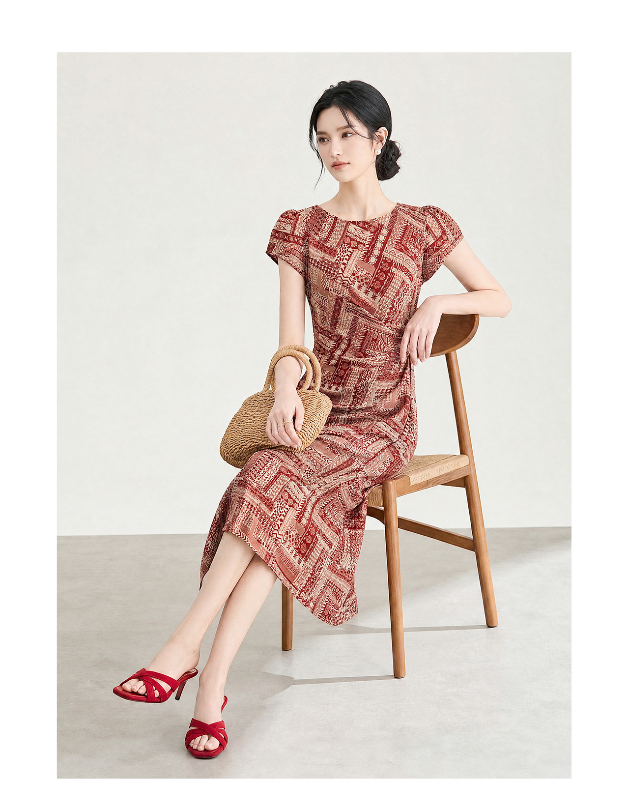 Đầm maxi nữ họa tiết bohemian tay ngắn thắt eo chất liệu voan — màu hồng chi tiết 14