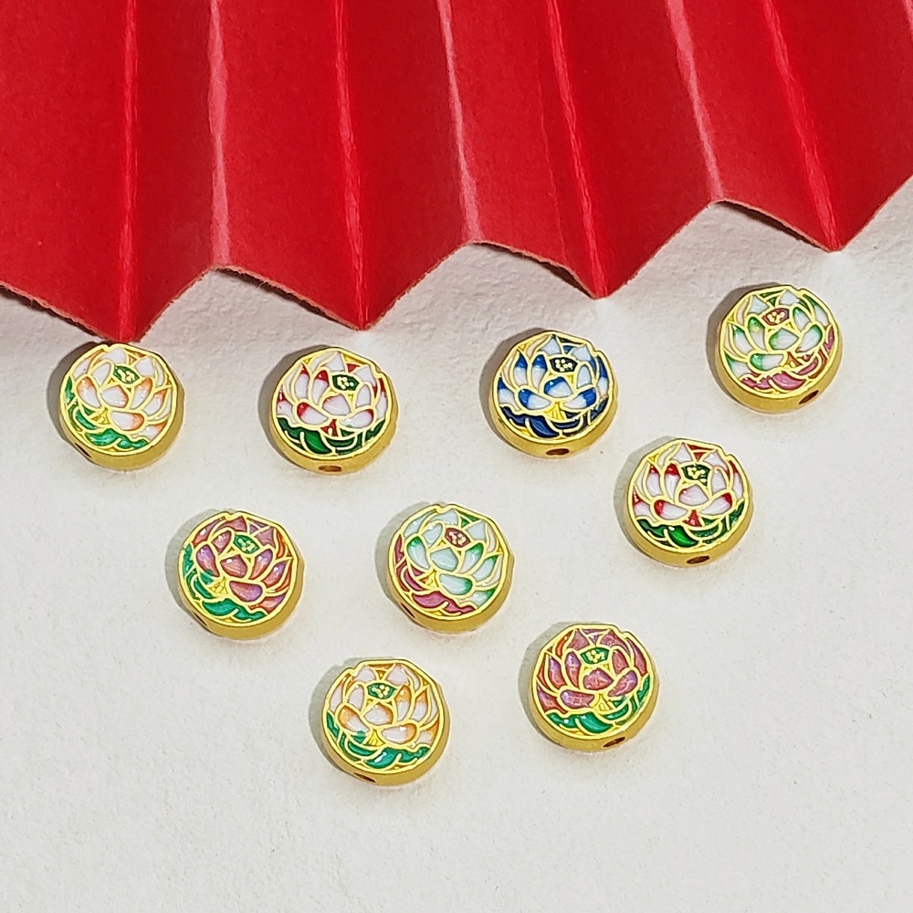 国潮沙金保色莲花孔珠配饰复古DIY通孔荷花手串编绳材料隔珠饰品