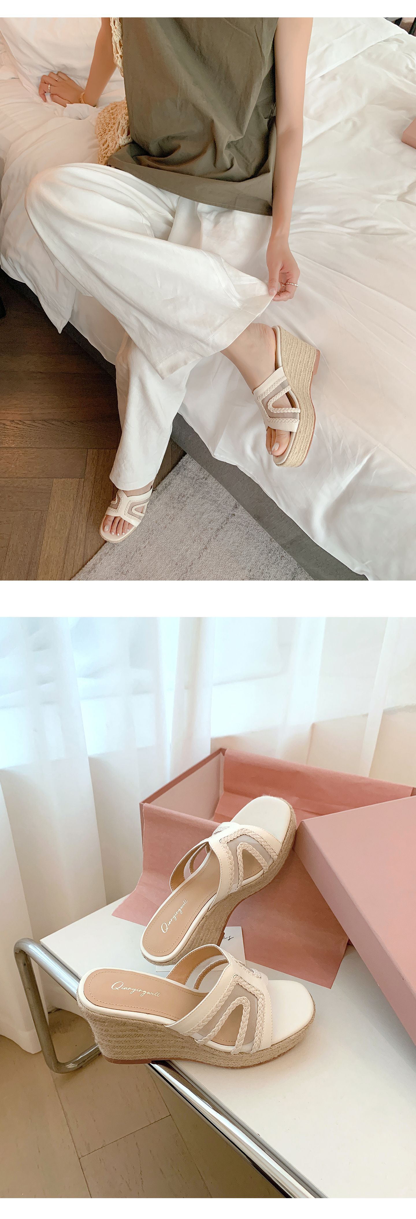 Sandal cao gót nữ hở mũi đế xuồng 9 cm, phong cách boho đan rơm — màu vàng, màu trắng ngà chi tiết 18