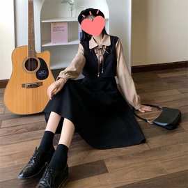跨境冬季2025学院风衬衫拼接假两件长裙赫本风复古连衣裙一件代发