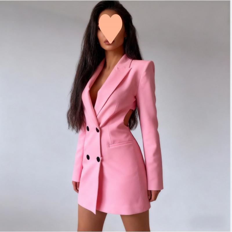 Shipped. New autumn product: European and American style backless double-breasted blazer dress for women, available on Wish, Amazon, and Instagram