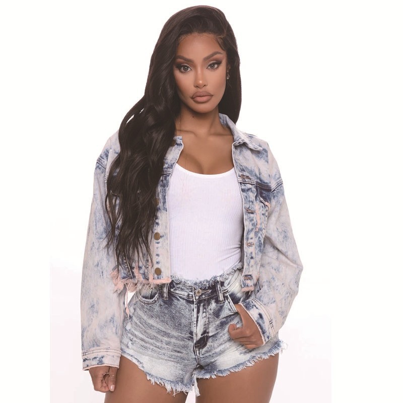 Fábrica en stock al por mayor de Europa y América Amazon Internet celebridad mismo estilo cintura baja apretado levantamiento cadera ripped borla ropa las mujeres Denim corto