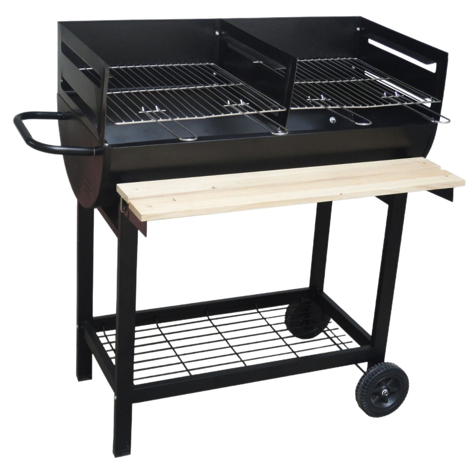Parrilla de Barbacoa Medio Barril de 42 cm de Diámetro con Ruedas y Tabla de Hierro Multifuncional Portátil