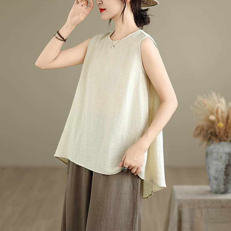 Real Shot of 2025 New Summer Style Simple Casual Retro Twill Vest Irregular Shirt for Women