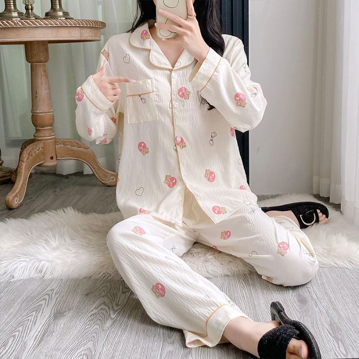 Al por mayor transfronterizo otoño nuevo pijama de algodón nublado, cardigan de manga larga, pantalones largos de dos piezas, ropa para el hogar se puede usar fuera