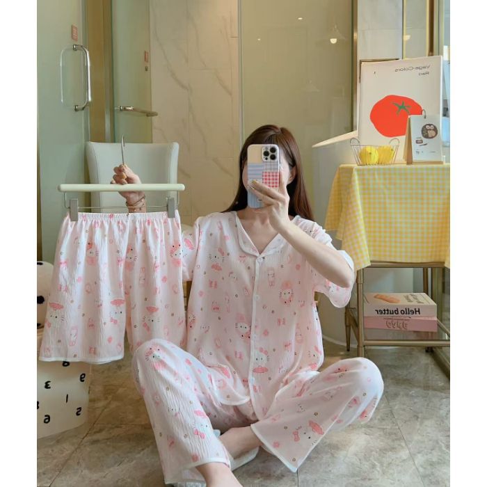 Cardigan transfronterizo al por mayor, pantalones de manga corta, pantalones cortos, pijamas de mujer de tres piezas, servicio a domicilio de solapa pequeña de verano