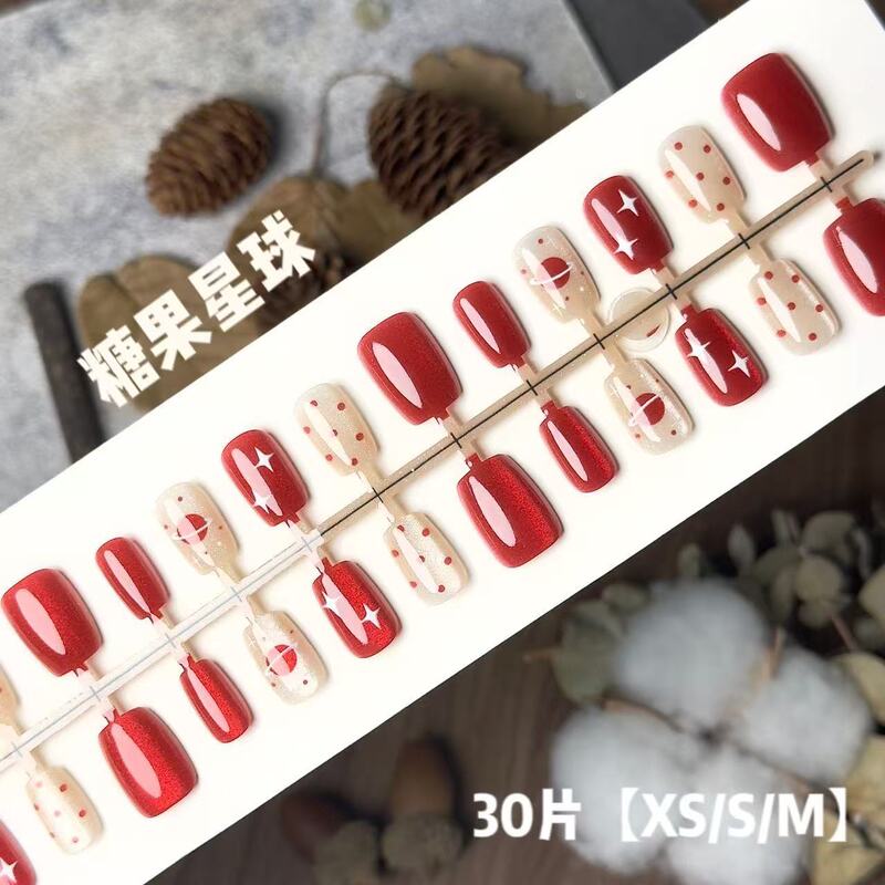 New Year's Nail Art with Red Candy Planet Design, Polka Dot Cat Eye Manicure, Simple Short Nails for Valentine's Day
