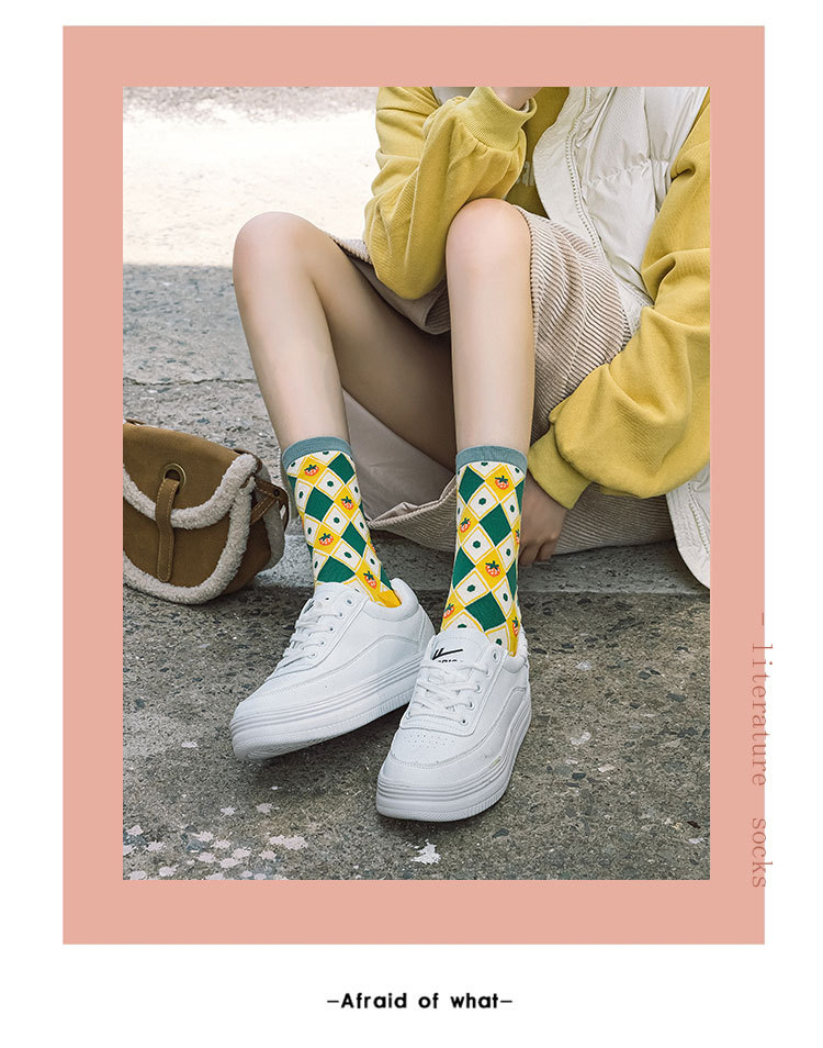 Fashion Cute Diamond Lattice Fruit Butterfly College Style Cotton Medium Tube Cotton Socks display picture 6