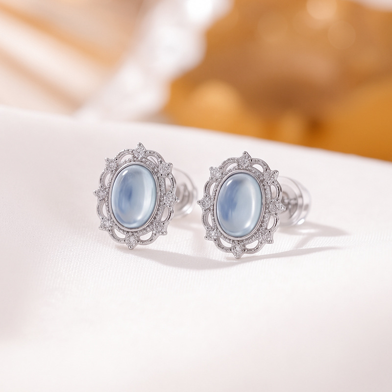 Khuyên tai bạc S925 đính đá xanh hình bầu dục phong cách đơn giản sang trọng — Cặp đôi