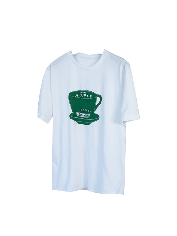 一杯のアメリカンコーヒー オールドマネーフィール ラウンドネック ベーシックプリント ラウンドネック ストレート コットン Tシャツ 半袖|undefined