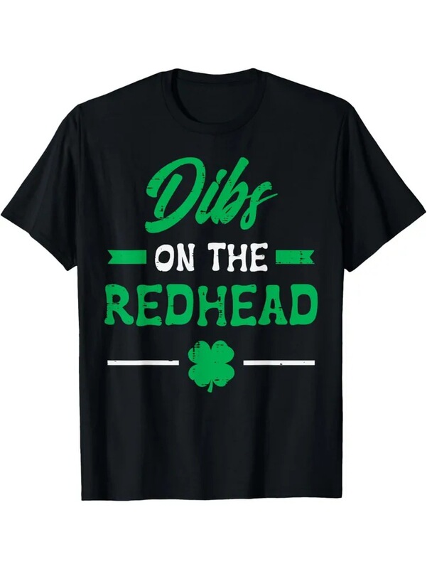 Playful St. Patrick's Day Red-Haired Men's and Women's T-Shirts - Clover Design Short-Sleeved Black Summer T-Shirts,