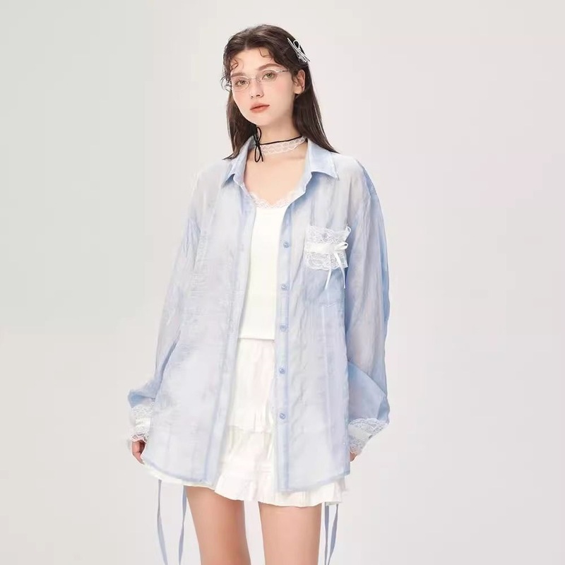 韩系设计感蕾丝拼接衬衫外套女夏季薄款宽松休闲防晒衬衣外搭上衣|undefined