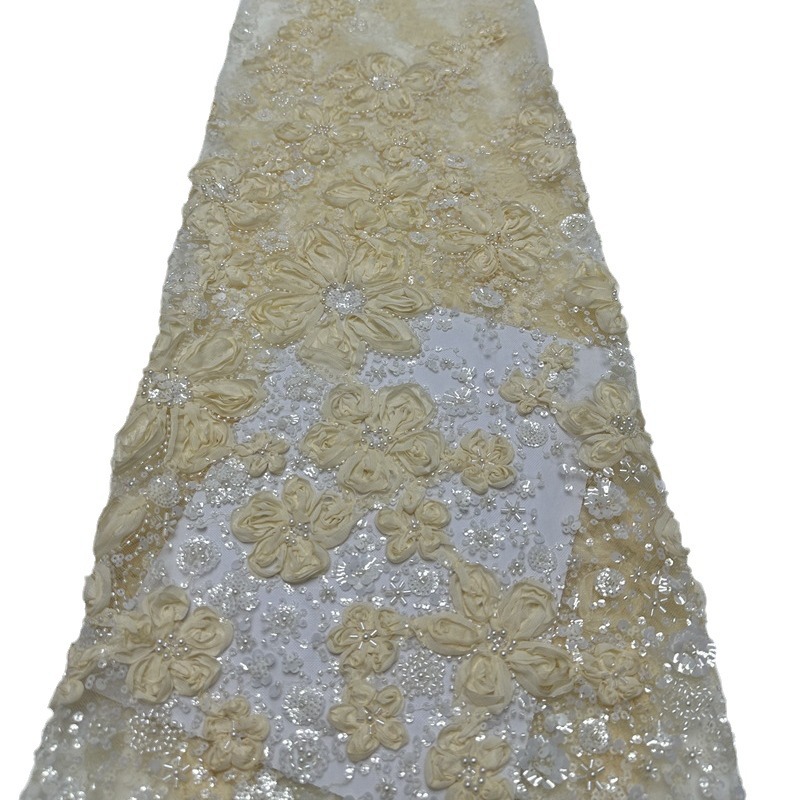 Discos de encaje de flores tridimensionales bordados vestido de novia blanco de alta calidad tela de moda tela de bordado de lentejuelas LACE