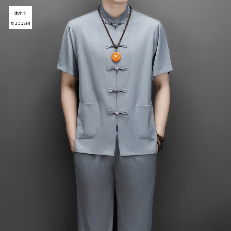 Summer Chinese Style Tang Suit with Gemstone Flower