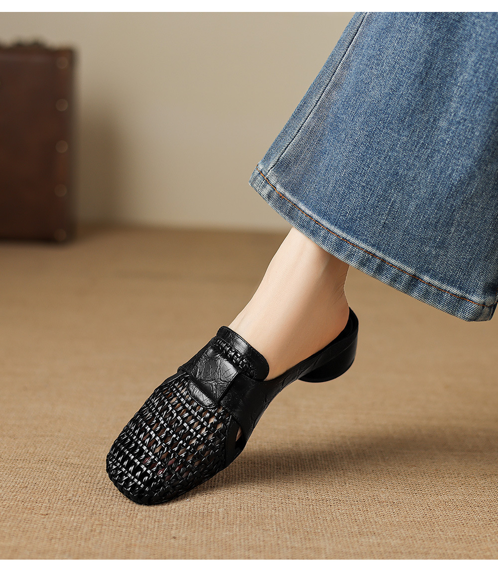 Sandal nữ quai chữ V mũi kín phong cách vintage gót thấp — đen chi tiết 20