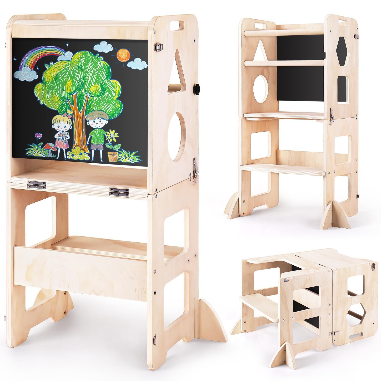 Taburete de baño para niños, taburete para bebés, escalones de lavado de manos, taburete de pies con pasamanos, torre de aprendizaje anti-rollback, madera